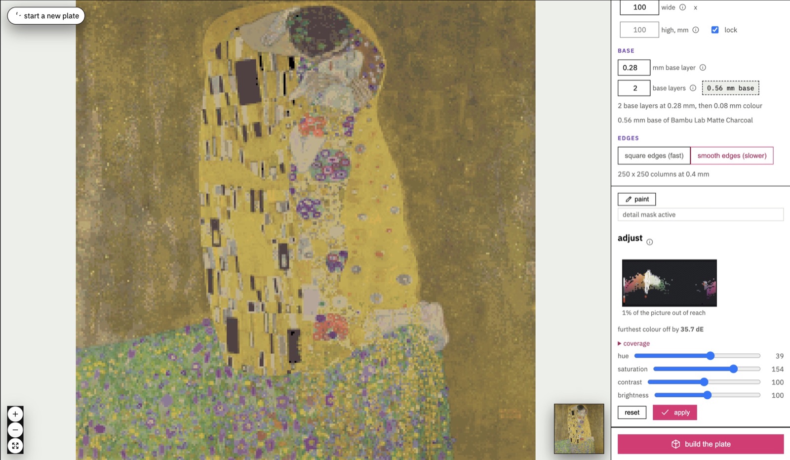 Polychrome's adjust panel with The Kiss loaded, showing size, base, edges and coverage sliders