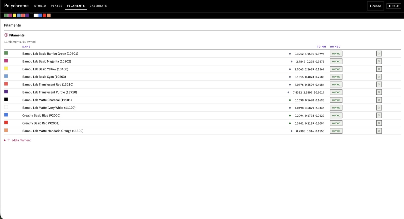Polychrome's filament list with eleven Bambu Lab and Creality rolls and their measured values